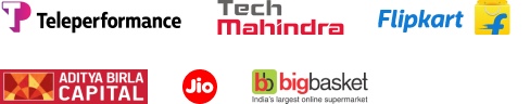 Trusted employer logos: Teleperformance, Tech Mahindra, Flipkart, Aditya Birla Capital, Jio, and bigbasket